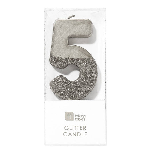Number 5 Birthday Candle - Silver Glitter | Cake Topper