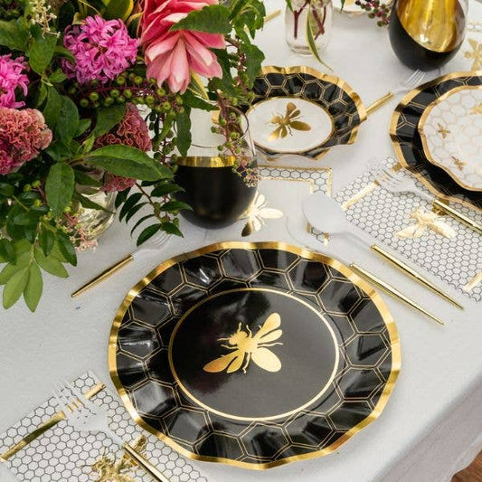 Gold Bee Dinner Plates Black Honeycomb 10 Inch - Baby Shower Birthday Party Plates Set of 8 | EnFete Party