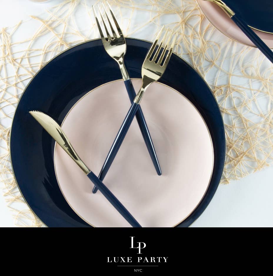 Navy Blue & Gold Plastic Forks 32 Pieces - Premium Silverware for Weddings & Parties