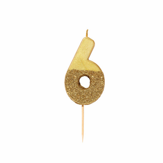 Gold Glitter Number 6 Birthday Candle - 6th Birthday Cake Topper | EnFete Party