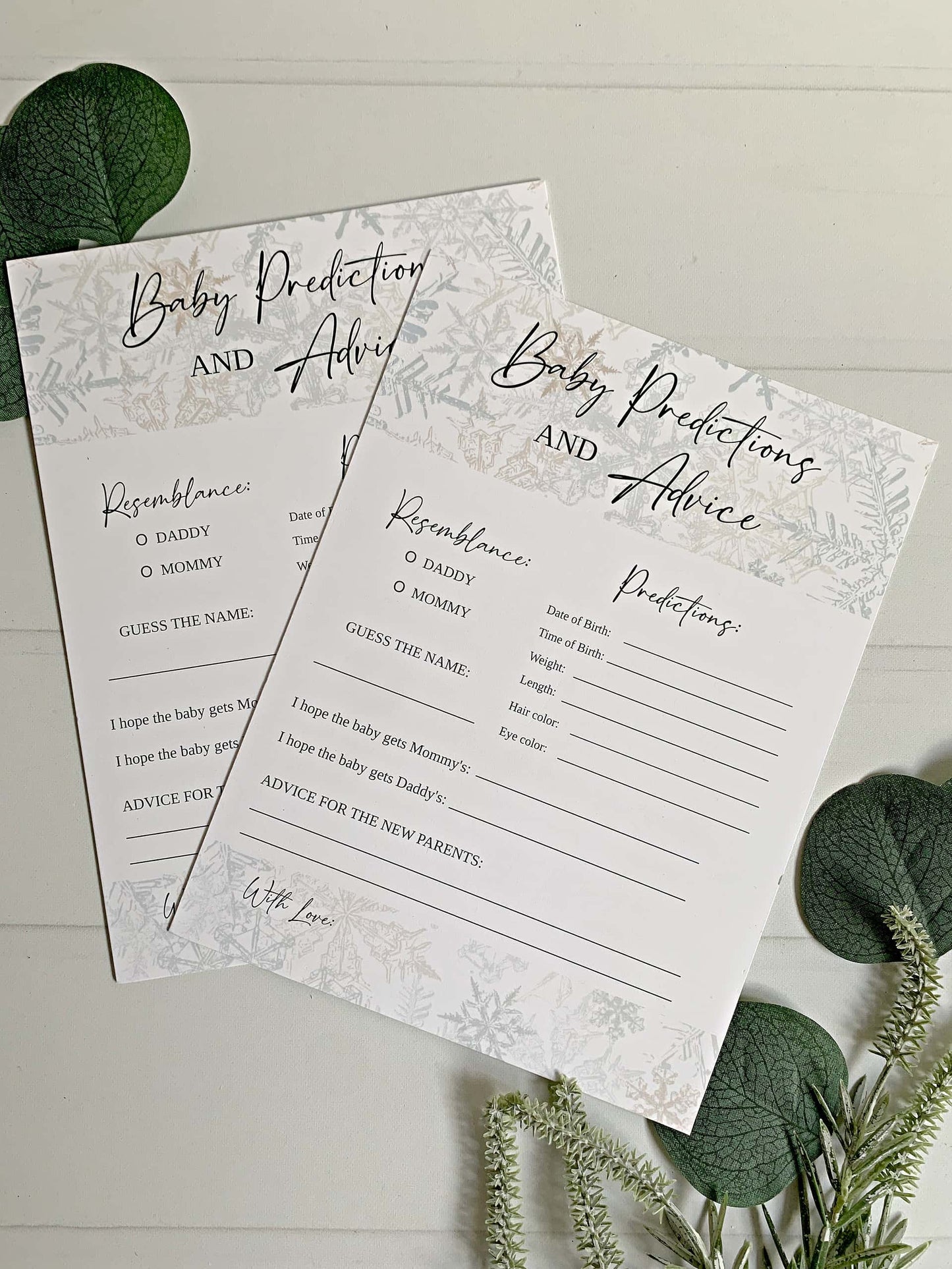 Snowflake Baby Shower Predictions & Advice Cards