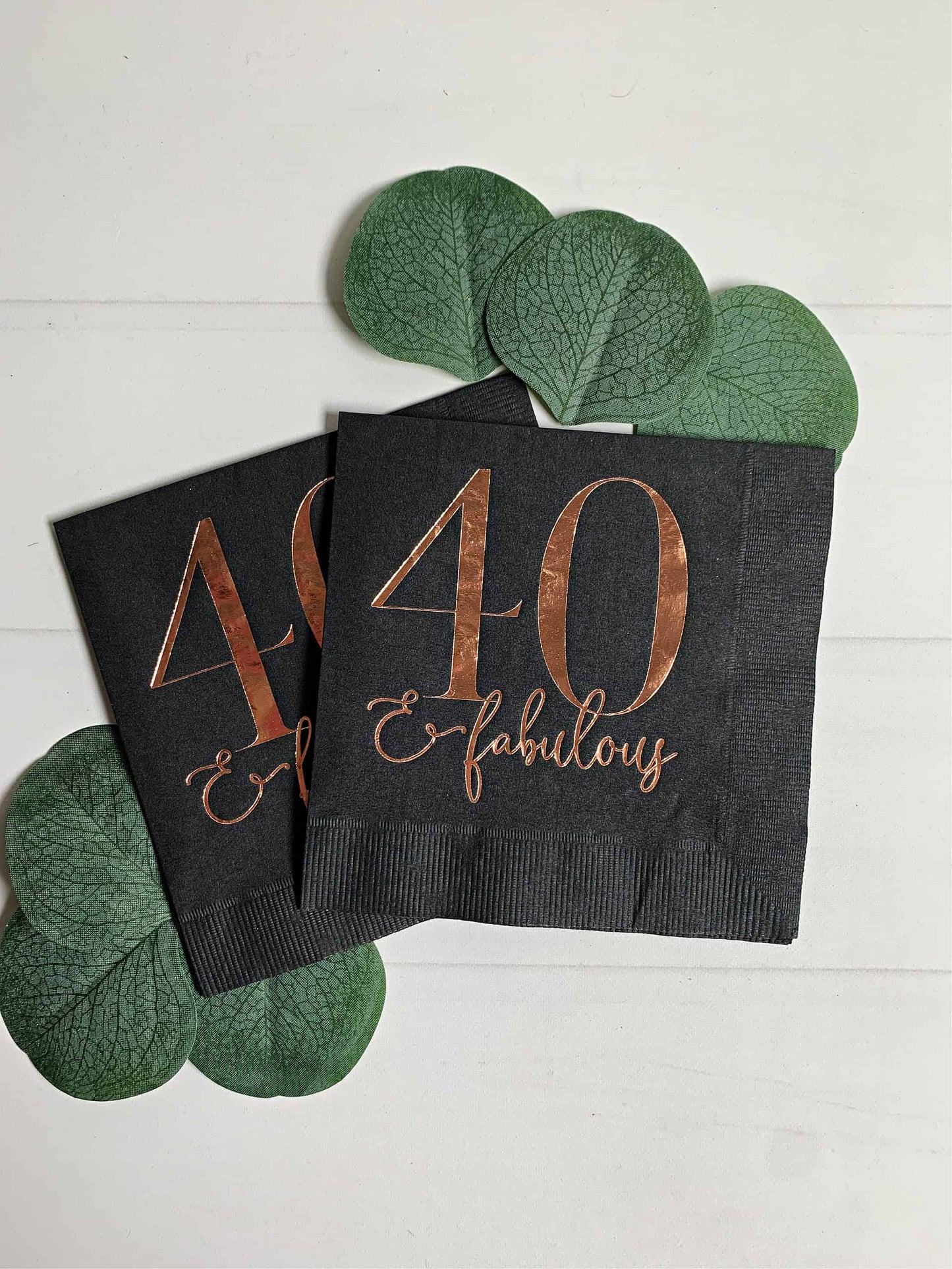 Use these stunning rose gold foiled 40 and fabulous black cocktail napkins at your 40th birthday party. Perfect to celebrate a 40th birthday milestone!