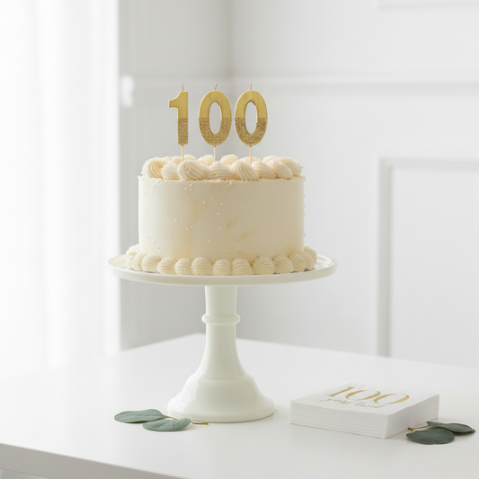 100th birthday cake with cream cake stand and 100 Years Loved napkins