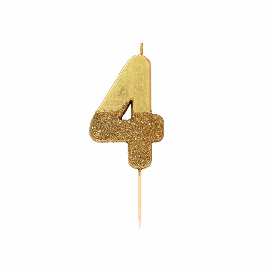 Gold Glitter Number 4 Birthday Candle - 4th Birthday Cake Topper | EnFete Party