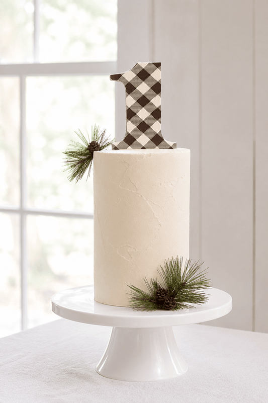 A white frosted birthday cake on a white pedestal stand, decorated with a bback and white buffalo plaid number 1 topper and pine sprigs for a lumberjack first birthday