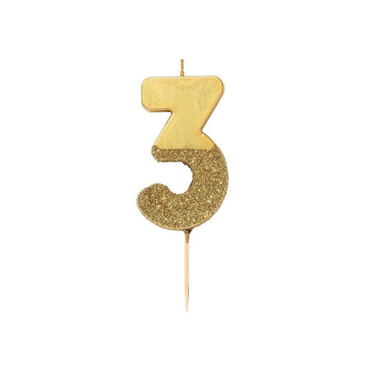 Gold Glitter Number 3 Birthday Candle - 3rd Birthday Cake Topper | EnFete Party