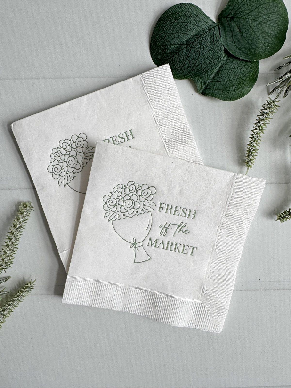 Fresh Off the Market Bridal Shower Cocktail Napkins - Sage & White | EnFete Party