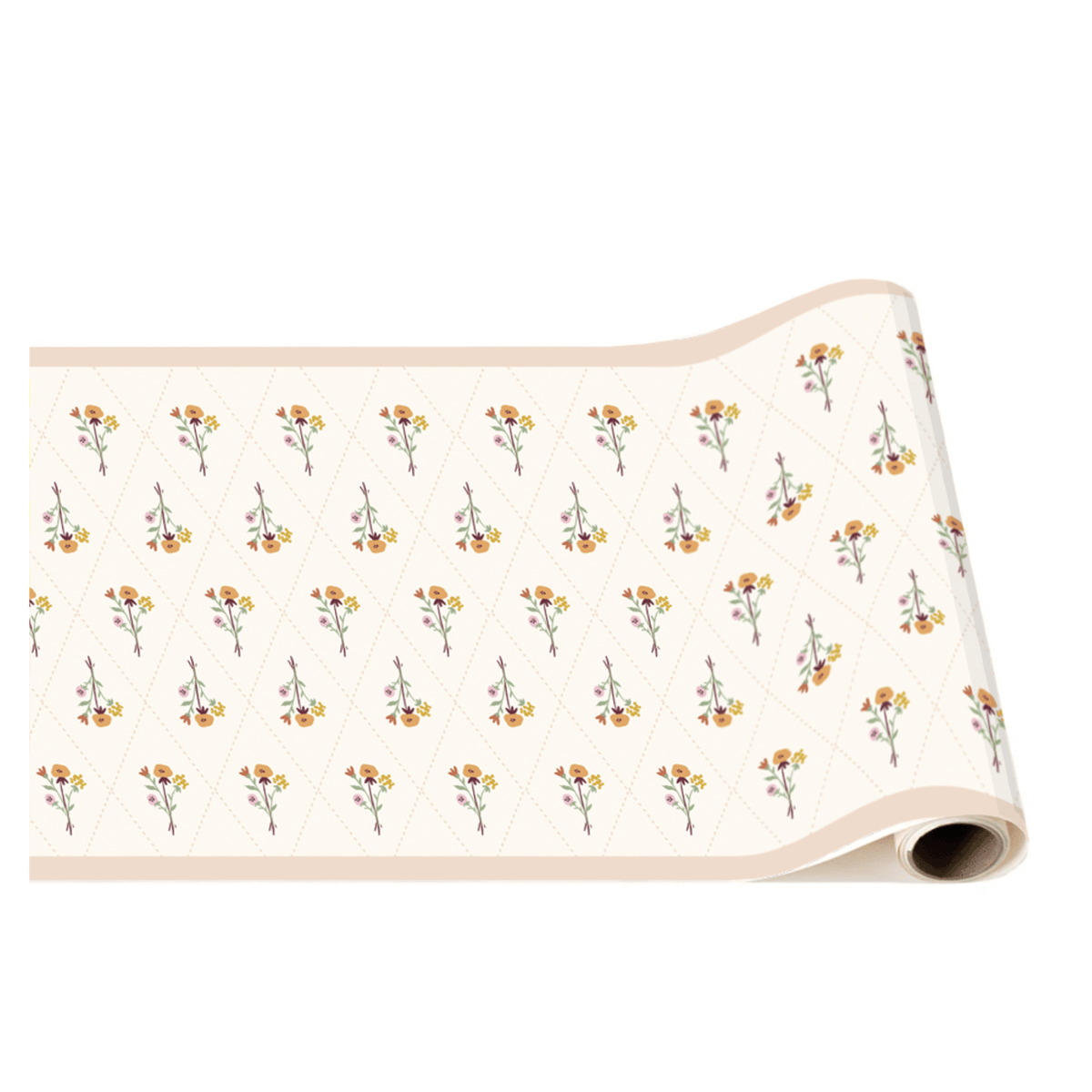 Roll of paper with floral pattern paper table runner on a white background