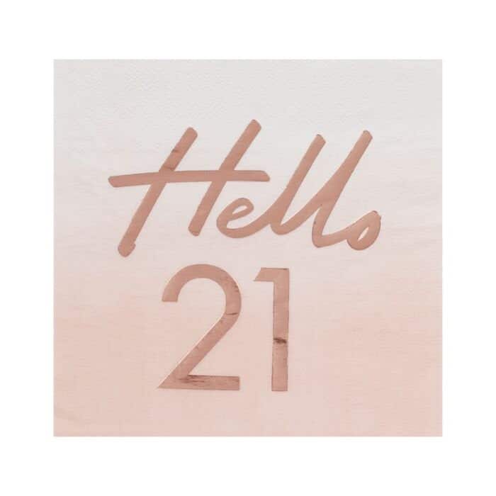 Hello 21 Napkins - blush pink napkins with rose gold foil writing from Ginger Ray