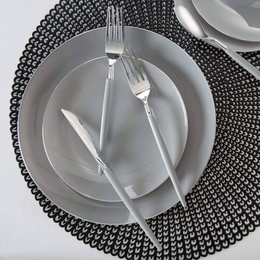 Round Grey with Silver Edge Dessert Plates | EnFete Party