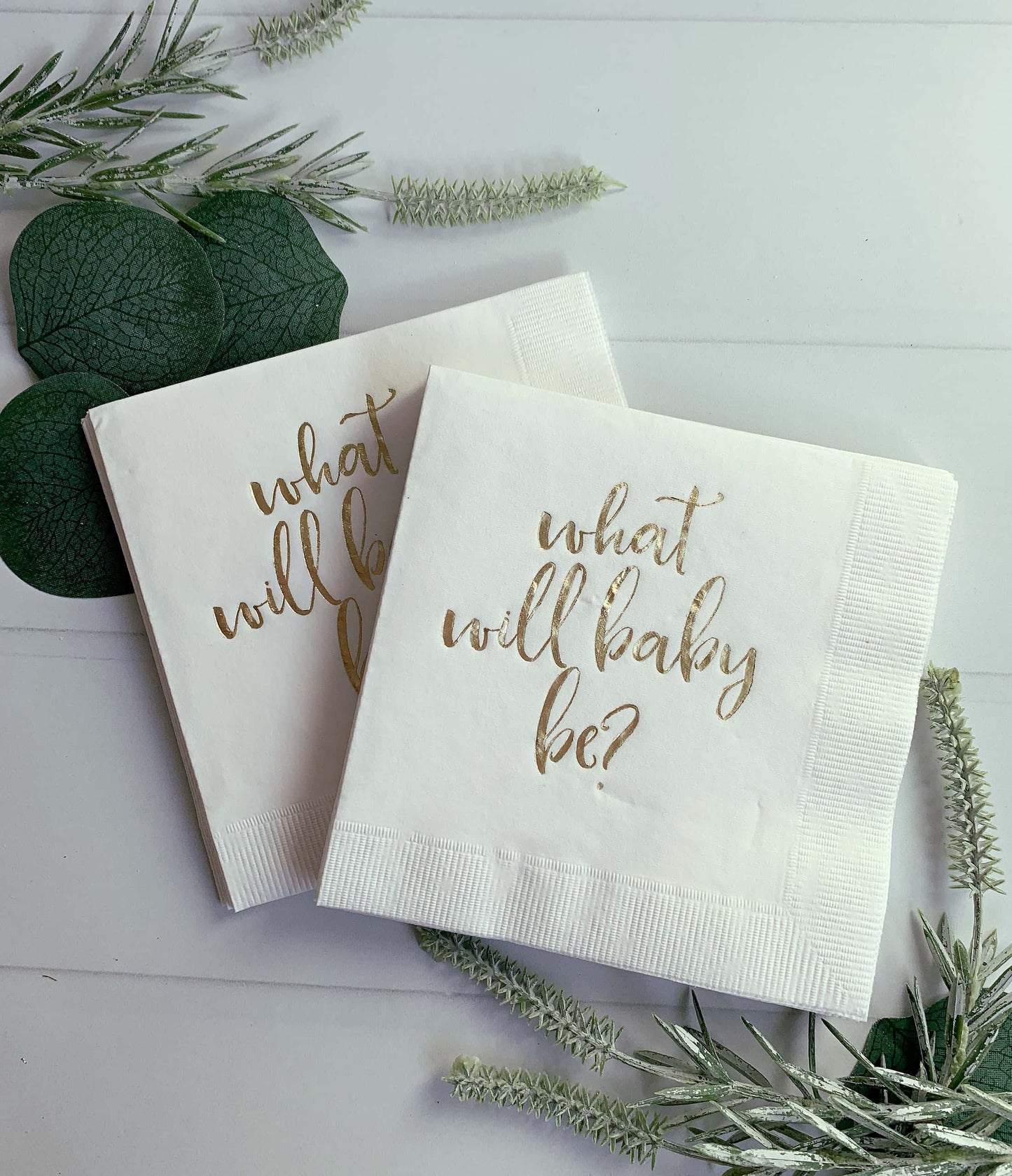 Gender Reveal What Will Baby Be? COCKAIL Napkins gold on white