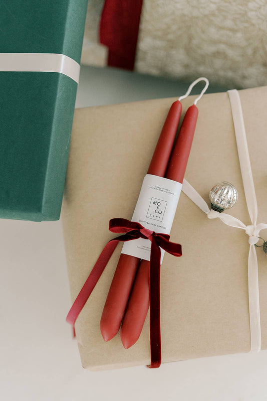 Berry Red Beeswax Taper Candles - 14 Inch Hand-Dipped Natural Candles (Pair) | EnFete Party