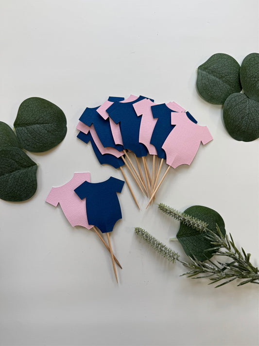 Gender Reveal Baby Bodysuit Onesie Cupcake Toppers - Navy Blue & Blush Pink - Set of 12