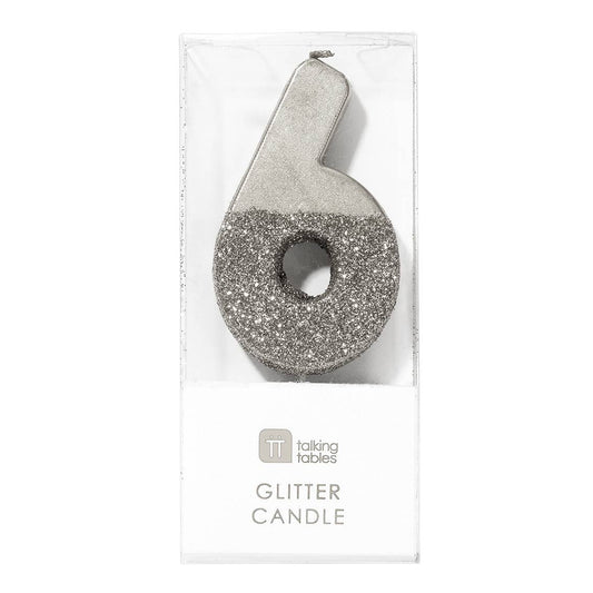Number 6 Birthday Candle - Silver Glitter | Cake Topper | EnFete Party