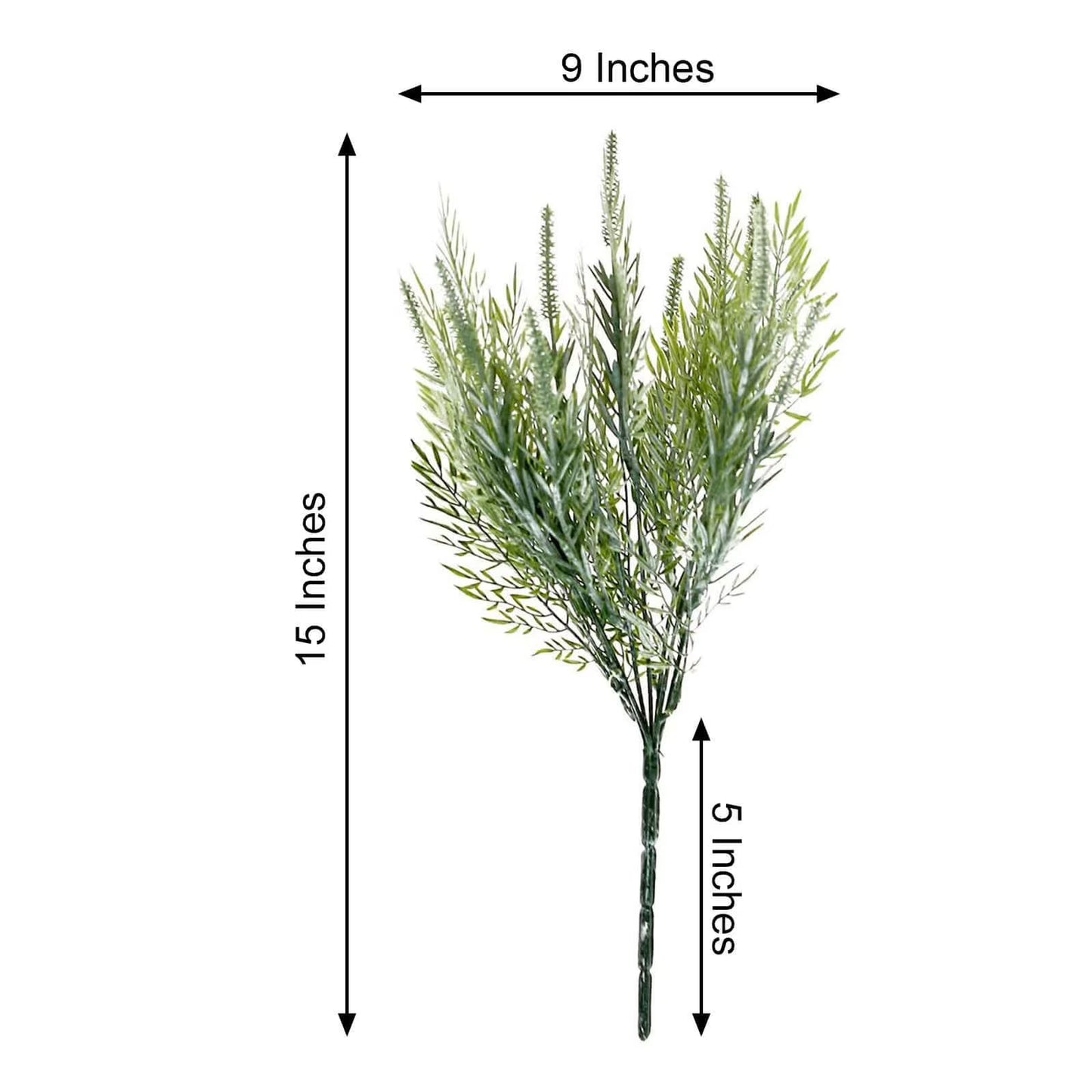 Measurement chart of a sage green artificial fern stem with dimensions labeled on a white background