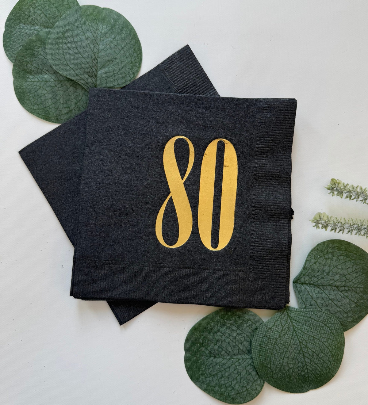80th Birthday Cocktail Napkins Black & Gold - Milestone Party Decor | EnFete Party