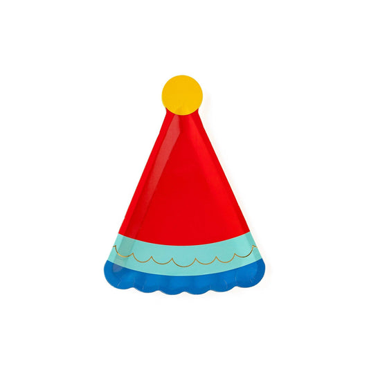 Party Hat Shaped Plates - Red & Blue Birthday Cake Plates with Gold Foil | EnFete Party