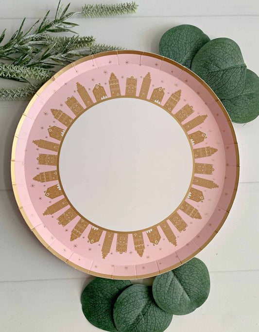 Pink Gingerbread House Dessert Plates - Christmas Party Plates Set of 8