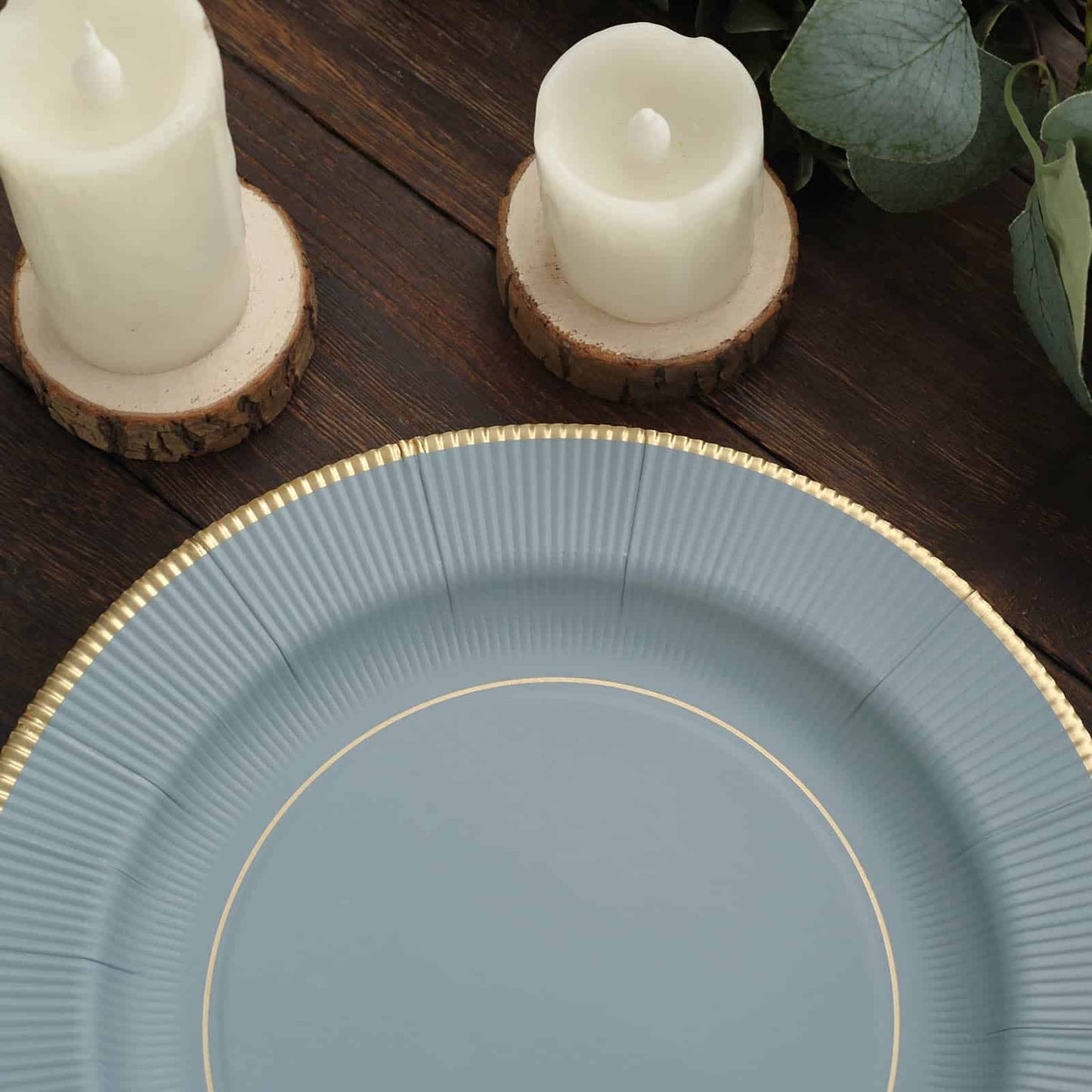 Dusty Blue with Gold Rim Paper Dinner Plates