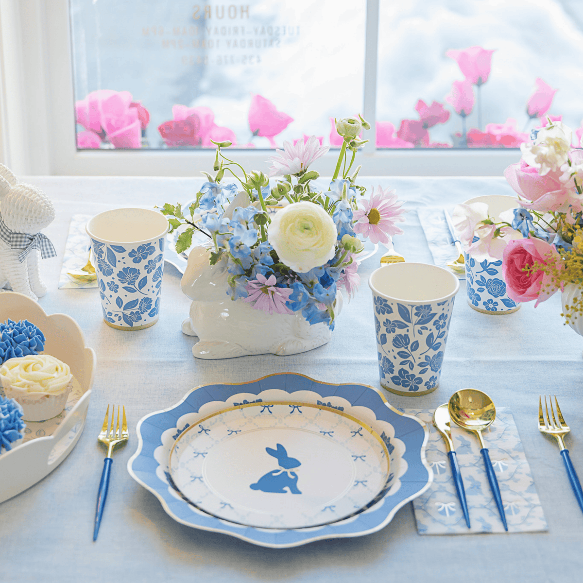 Easter Bunny Paper Dinner Napkins - Blue Eggs & Gold Bow Guest Towels Set of 20 | EnFete Party