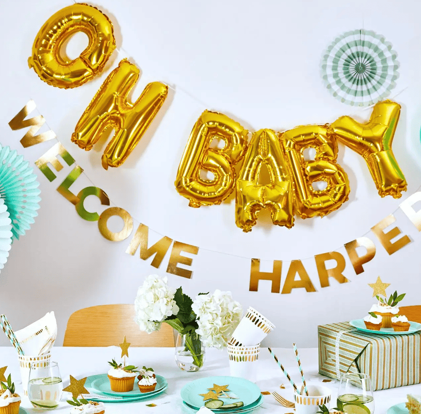 Oh Baby Gold Foil Balloon Banner - Baby Shower Decorations | EnFete Party