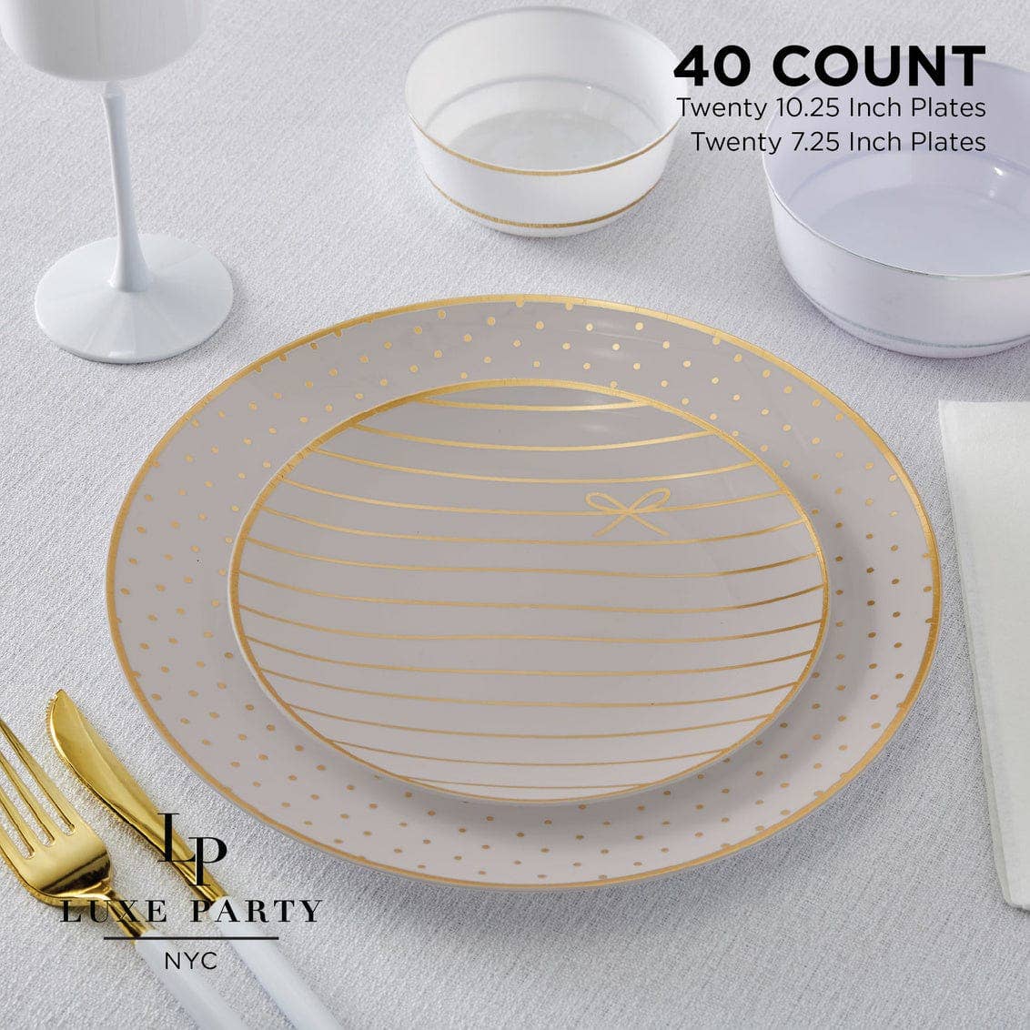 Linen Taupe and Gold Bow Plates - Bridal Shower Disposable Dinnerware Set | 40 Count | EnFete Party