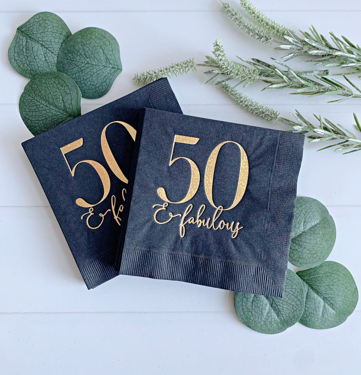 50 and Fabulous Cocktail Napkins - Black with Gold Foil Birthday Napkins | EnFete Party