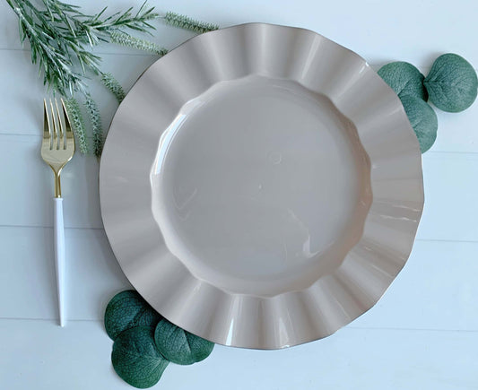 11" Taupe with Gold Edge Hard Plastic Dinner Plate
