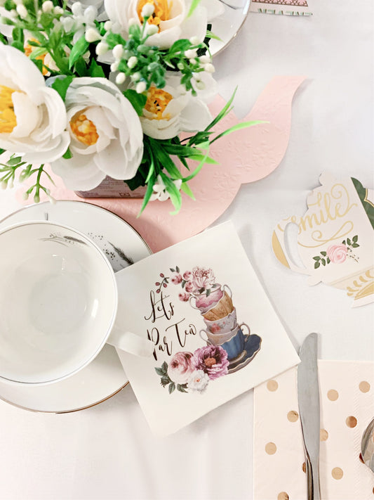 Let's Par-Tea Cocktail Napkins - Vintage Teacup for Alice in Wonderland Tea Party, Bridal Shower & Garden Party (16 Pack) | EnFete Party