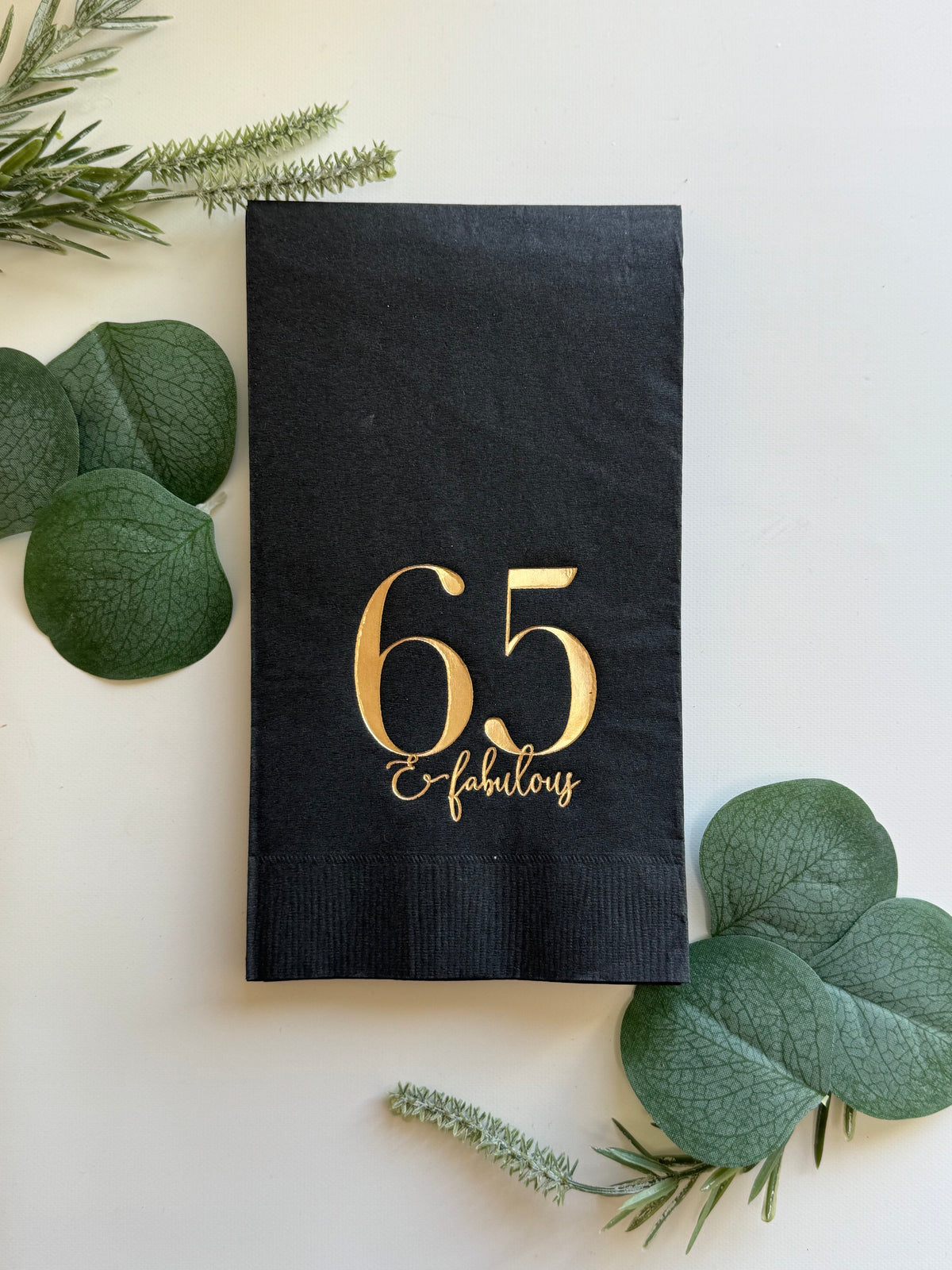 65th Birthday Napkins - 65 & Fabulous Gold Foil on Black - Set of 16 Dinner Napkins | EnFete Party