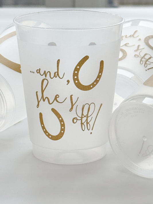 And She's Off -Kentucky Derby Frosted Party Cups - Gold - Horseshoe 10 ounce Cocktail Glasses | EnFete Party