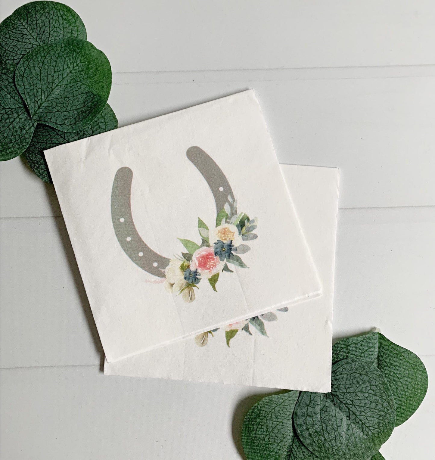 Kentucky Derby Cocktail Napkins - Blue Blush Floral Horseshoe Party Decorations Western Theme | EnFete Party