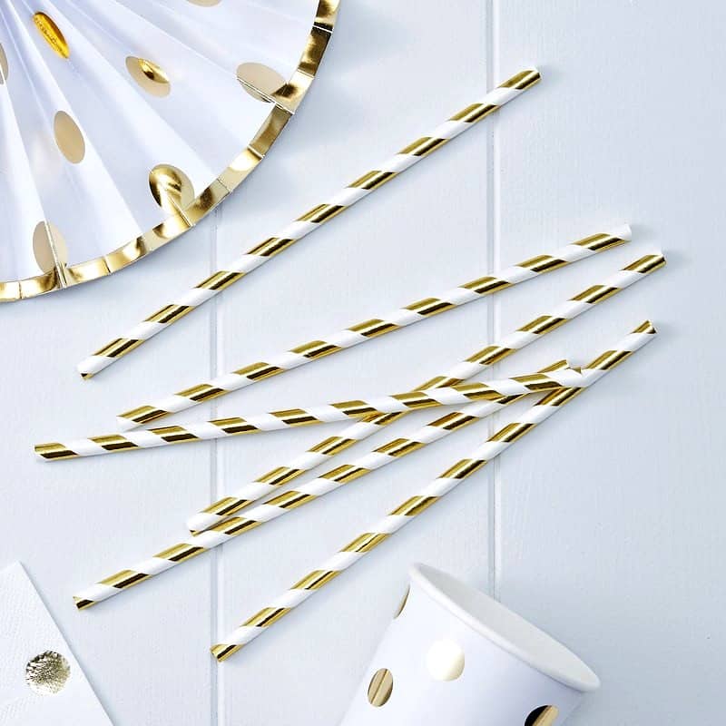 Set 12 Gold & White Straws
