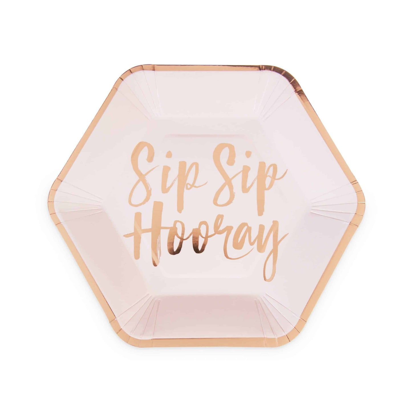 Sip Sip Hooray Appetizer Plates in Blush with Rose gold foil details. Perfect for a modern bridal shower or mimosa bar