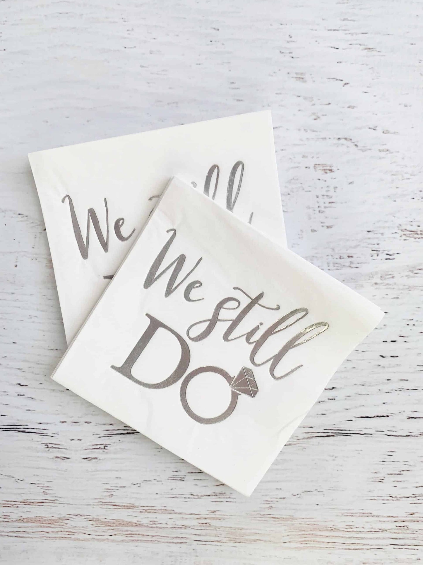 We Still Do Anniversary napkins with silver foil - perfect for a 25th wedding anniversary