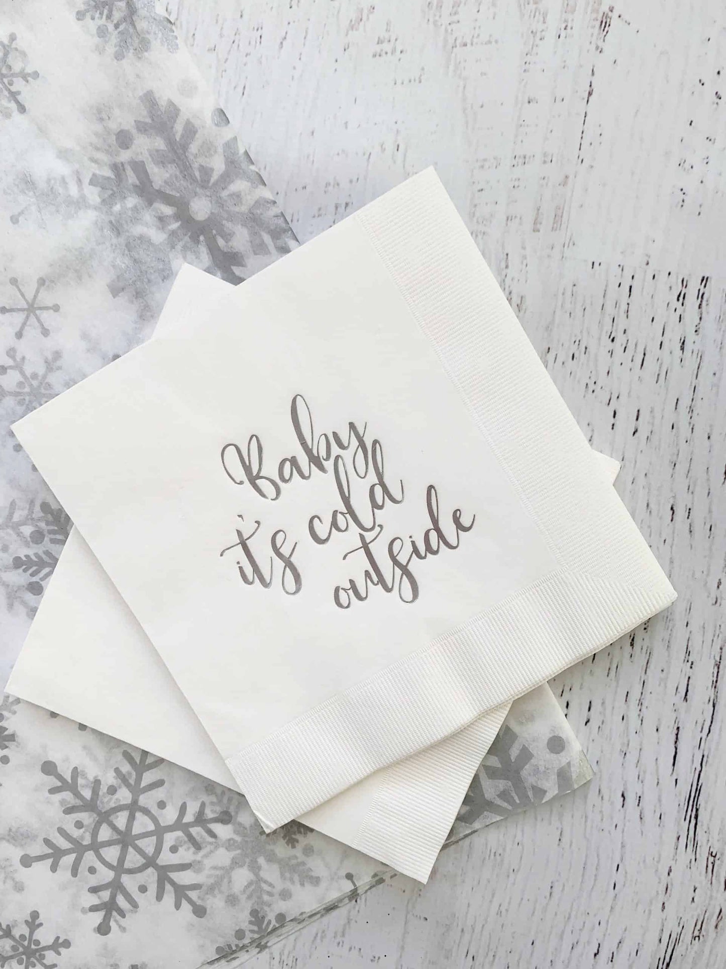 Baby It's Cold Outside Napkins with Silver Foil Baby Shower Napkins Luncheon Size EnFete Original Design Copyrighted 2021