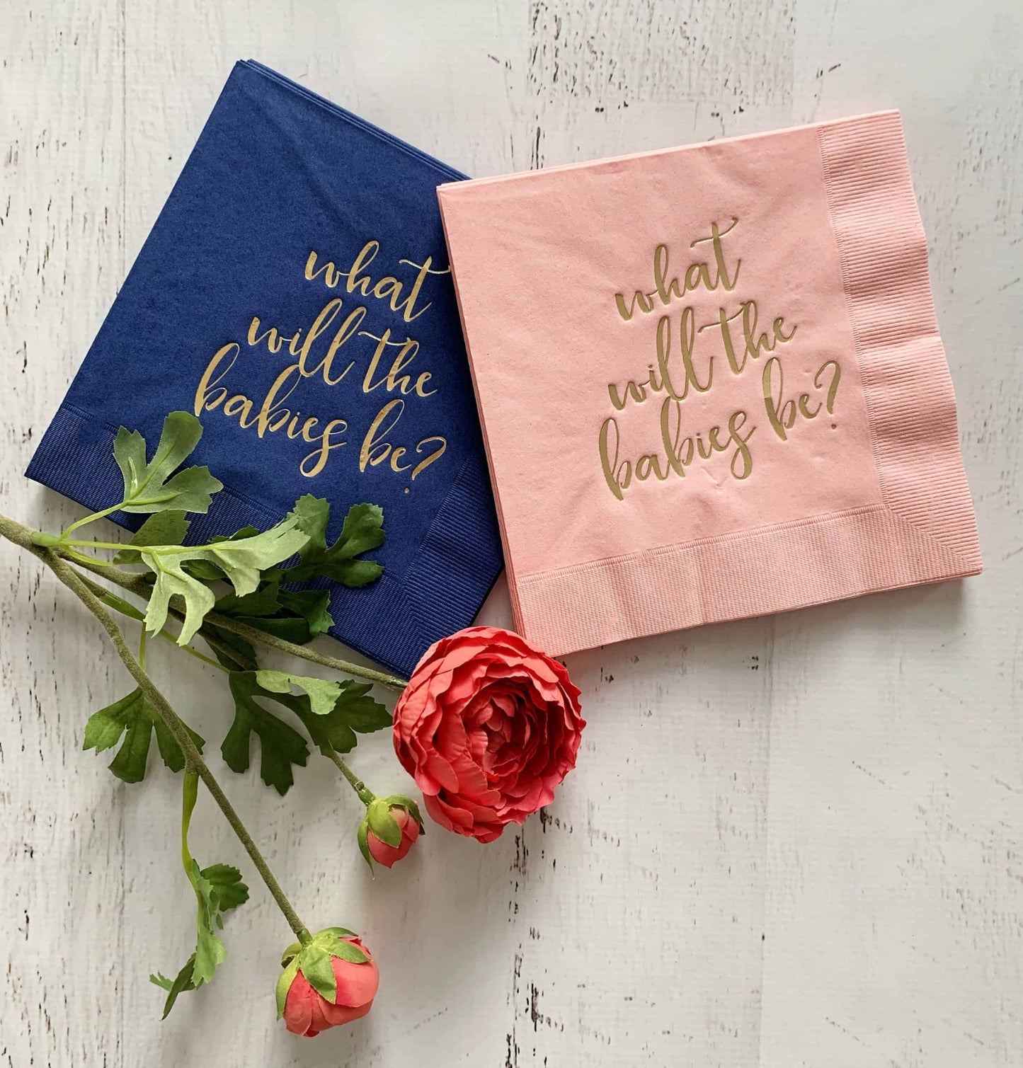 Add the perfect finishing touch to your twins or multiples gender reveal with our stunning blush pink and navy blue napkins. Featuring beautiful script and gold foil. #GenderReveal #Twins #Multiples #Celebration #Tableware