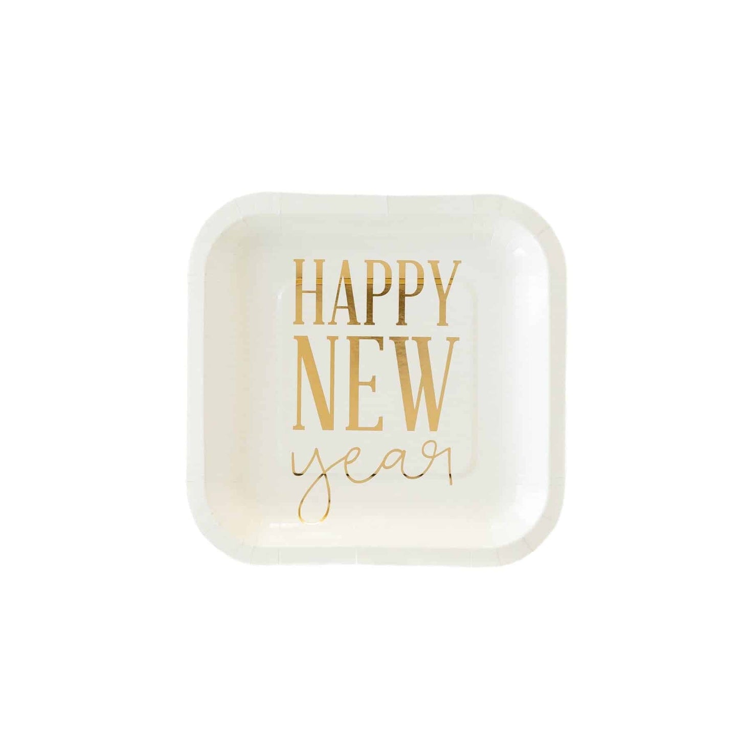 Happy New Year dessert or appetizer plates. Perfect for your NYE bash! Cream colored plates with gold foil letters. Make sure you complete your party look with all our coordinating New Year's Eve decor!