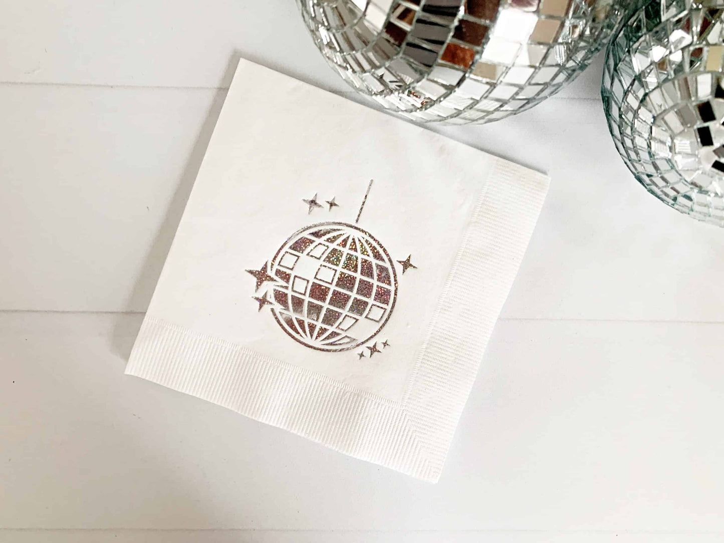 White Disco Ball Cocktail Napkins for a Last Disco Bachelorette
