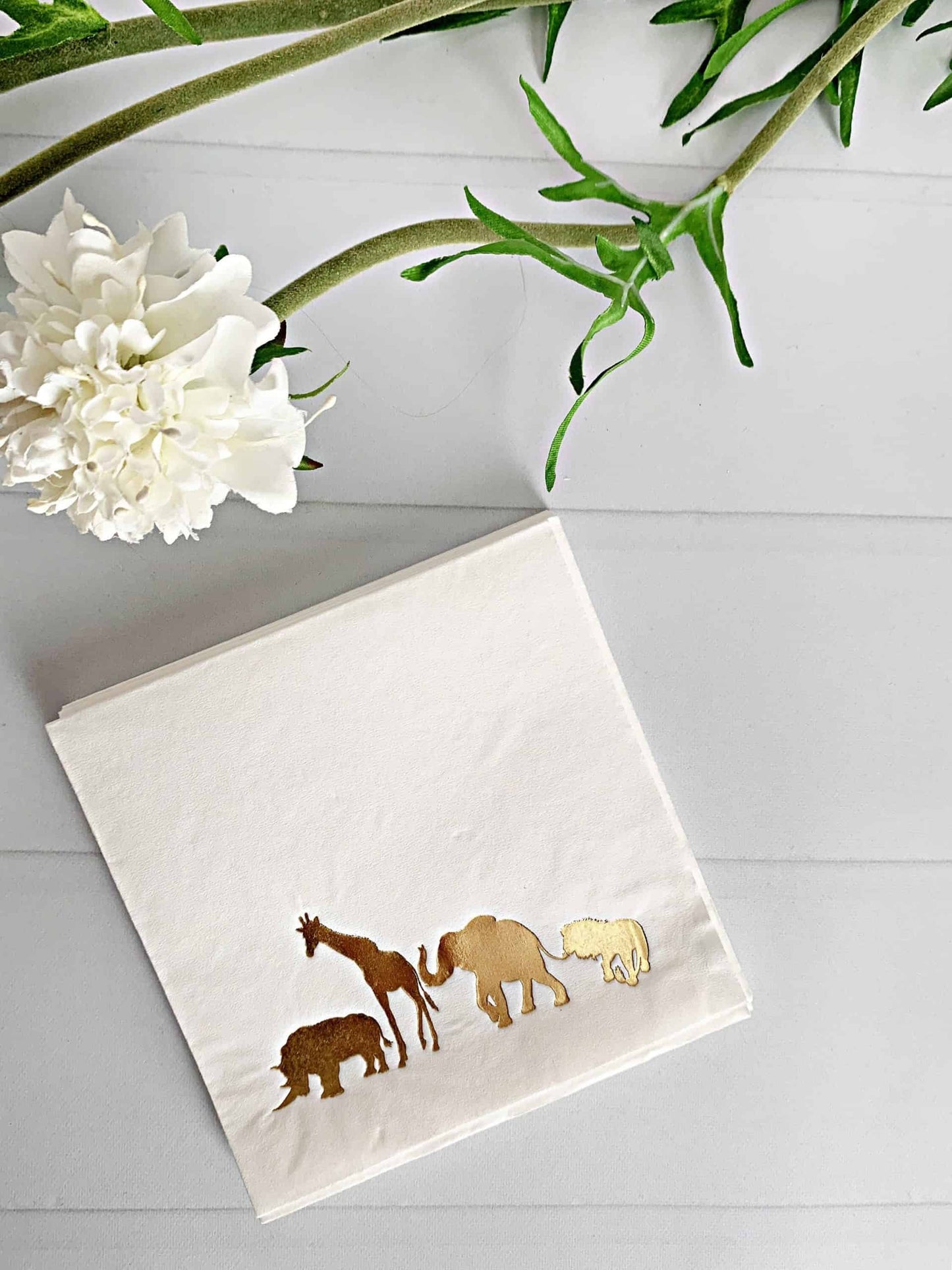 Safari Cocktail Napkins in white with gold jungle animals