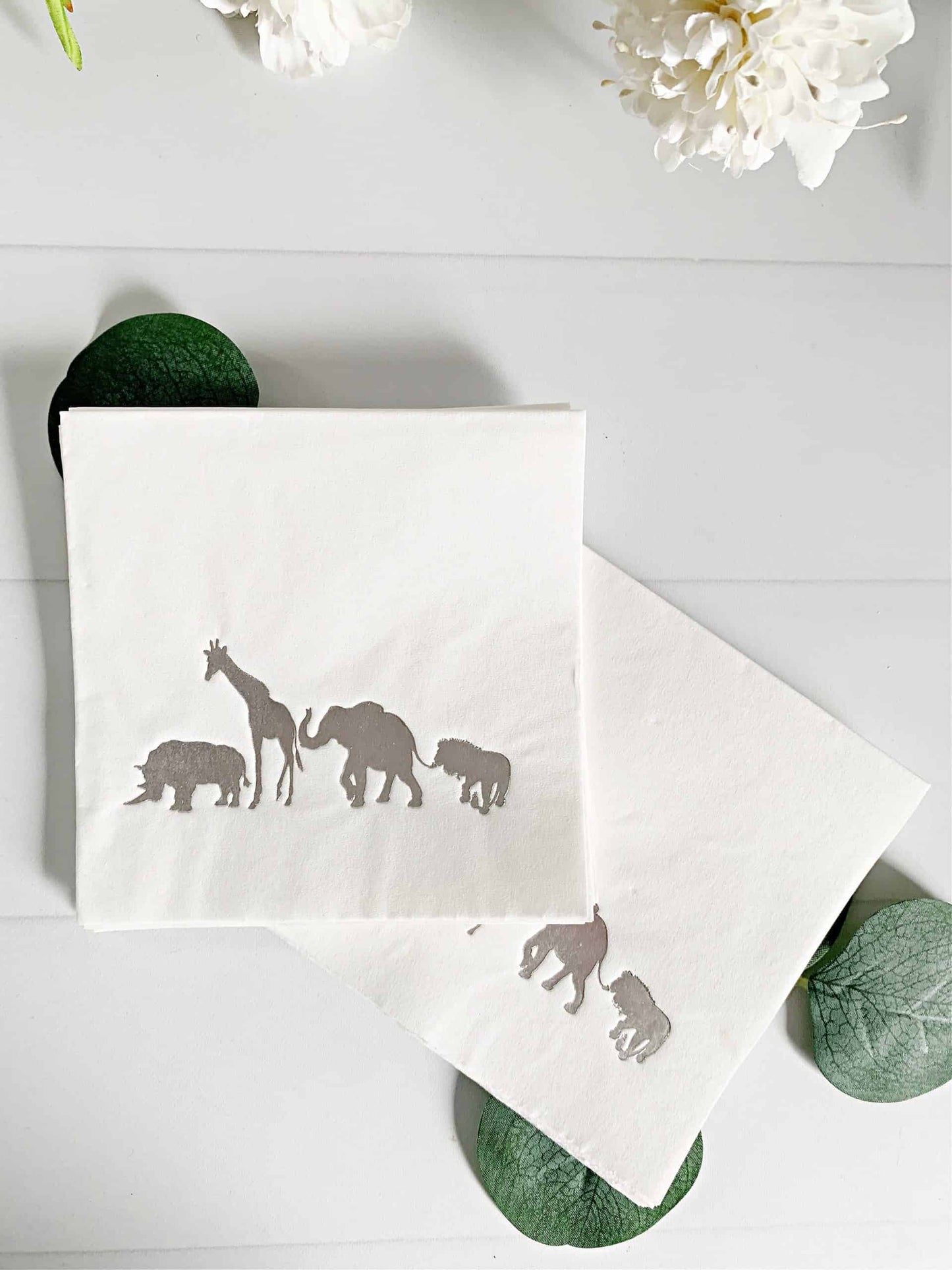 Safari Cocktail Napkins - Silver on White