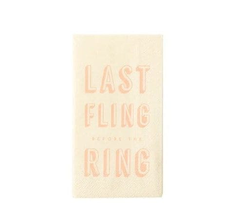 "Celebrate your Last Fling before the Ring with our stylish Gold Foil Bachelorette Napkins. Perfect for bachelorette parties, bridal showers, or girl's weekends. #Bachelorette #LastFlingBeforeTheRing #GoldFoil #Napkins #PartySupplies