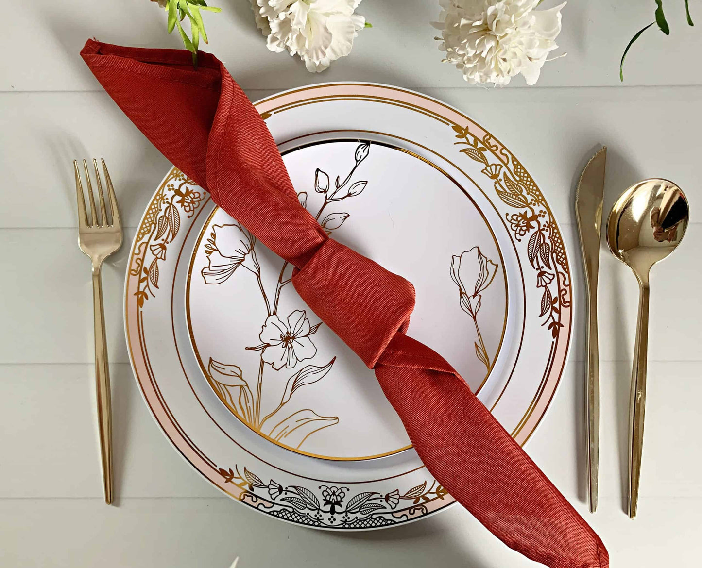 Elevate your special occasions with our high-quality Polyester Burnt Orange Cloth Dinner Napkins, the perfect addition to your wedding, bridal shower, baby shower, or dinner party.