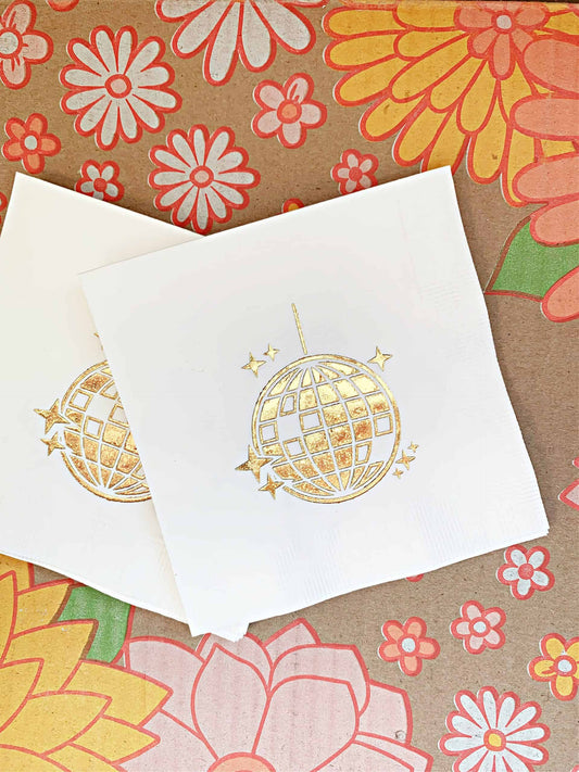 Disco Ball Cocktail Napkins - Gold Foil Party Napkins for Bachelorette & NYE