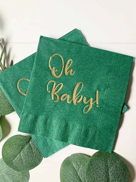 Oh Baby! Forest Green Cocktail Napkins with Gold Foil - Baby Shower Party Supplies (16 Pack)