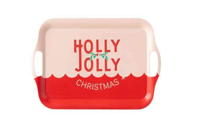 Perfect decorative tray for a holiday party, hostess gift, in a fun mid-century style pattern with "Holly Jolly" in the middle of the tray.