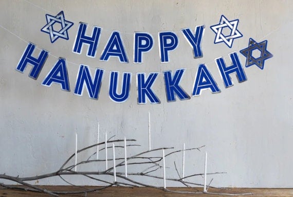Happy Hanukkah Banner in cobalt blue and white with stars of David