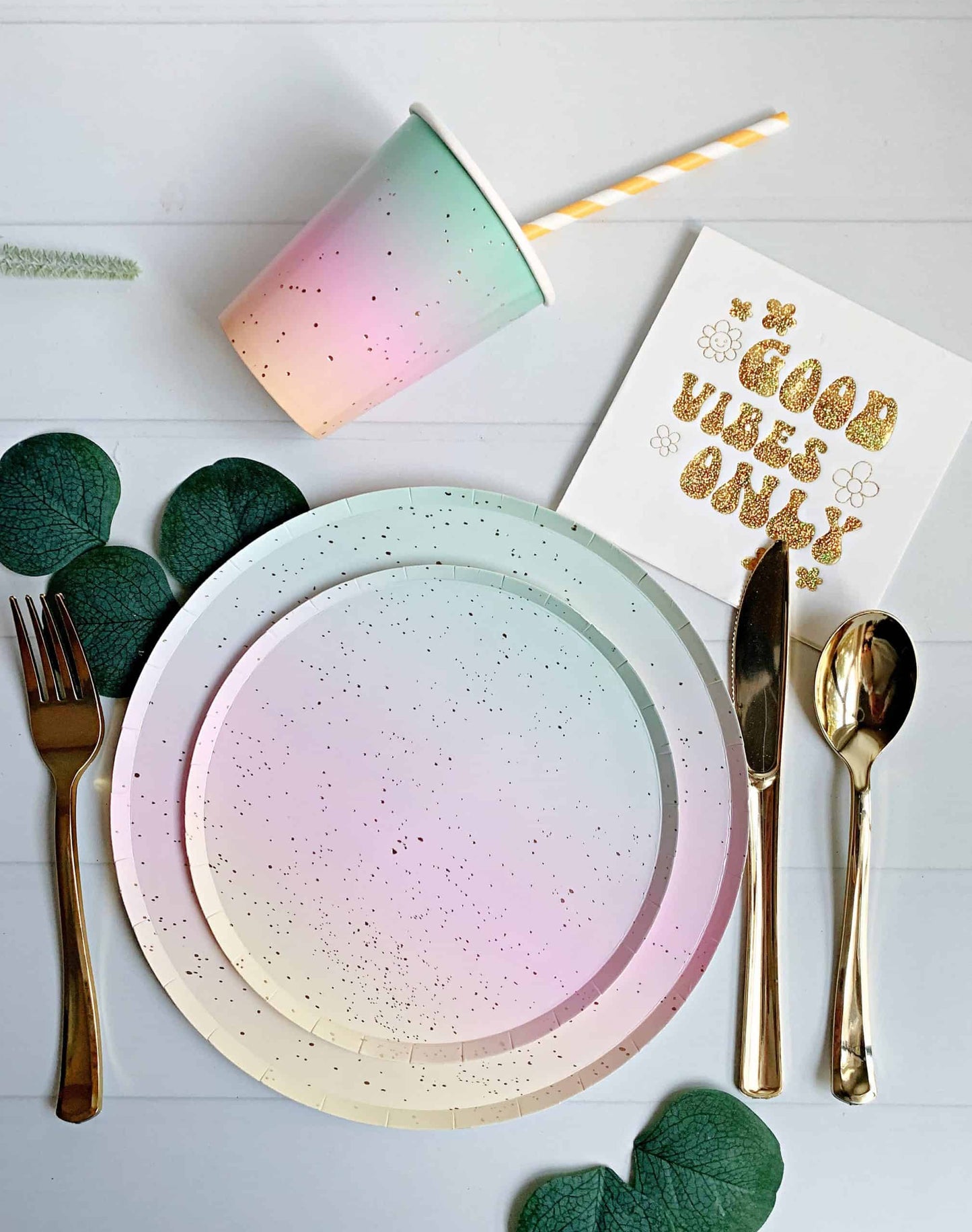 Add a pop of color to your celebration with our rainbow ombre paper dessert, dinner plates, and cups. Perfect for a fun and funky Two Groovy party. #RainbowOmbre #TwoGroovy #PartySupplies.