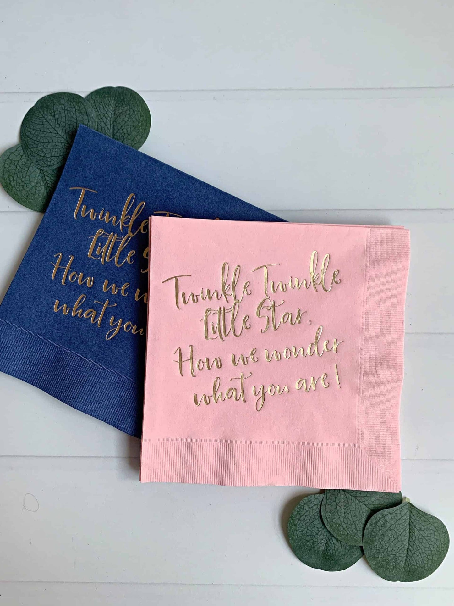 Celebrate the arrival of your little one in style with our Twinkle Twinkle Little Star Gender Reveal Napkins in Blush and Navy. These beautiful napkins feature a timeless "Twinkle Twinkle Little Star" design in a sophisticated color palette of blush and navy, making them the perfect addition to your gender reveal celebration. Whether you're serving cake, appetizers, or beverages, these napkins are both functional and stylish, adding a special touch to your special day. So, get ready to celebrate the arrival
