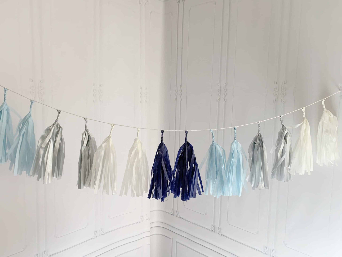 Baby Blue, Navy, Silver Tassel Garland